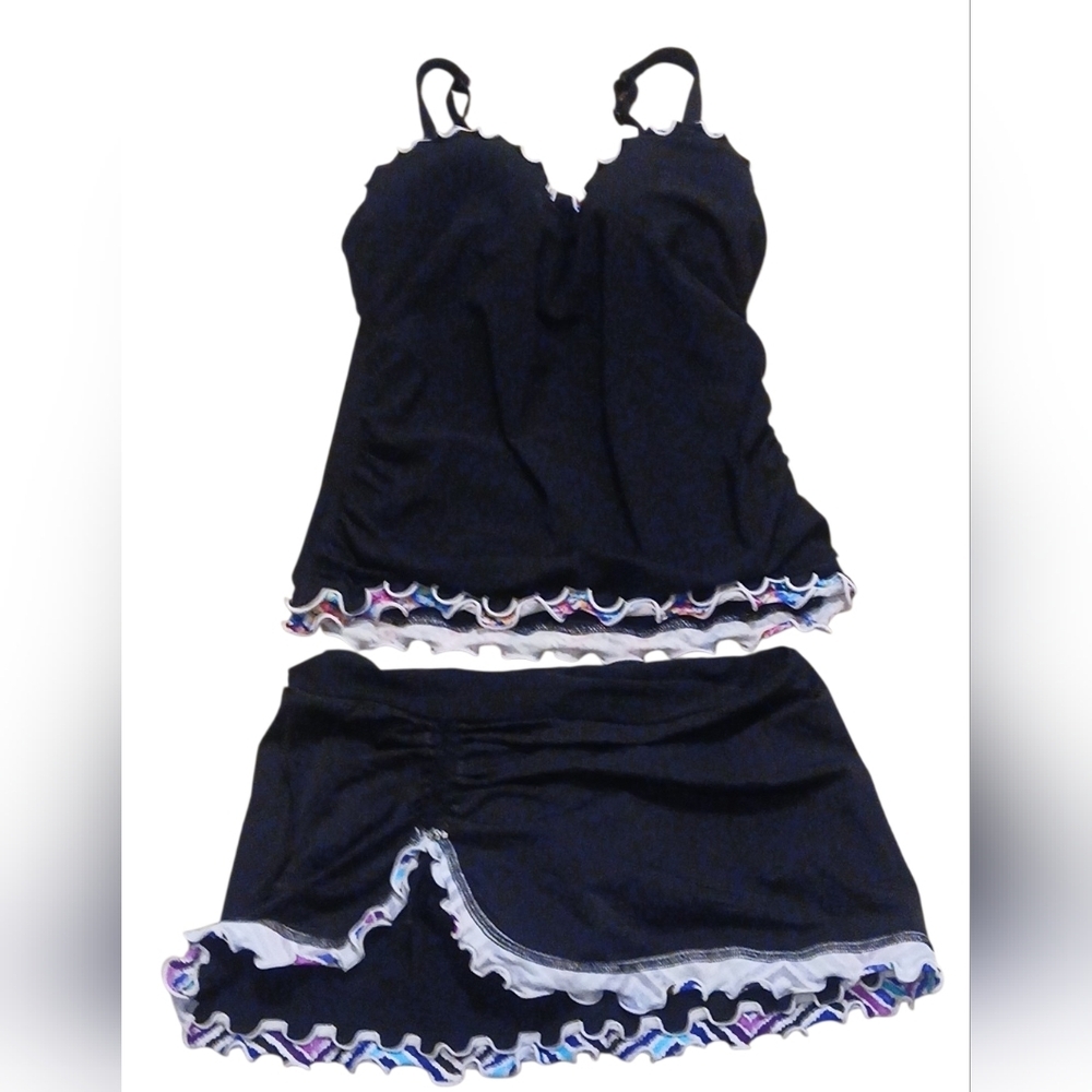 By Gottex -NWOT, 2 Piece Swimsuit,Black W/Multi Colored Ruffles, Built-in D Cups - Picture 2 of 7